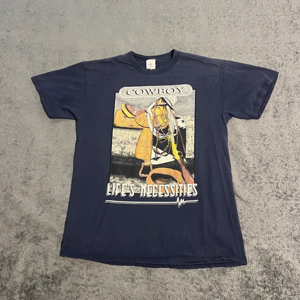 Vintage Thrashed Cowboy Lifes Necessities Graphic T-Shirt Navy Large